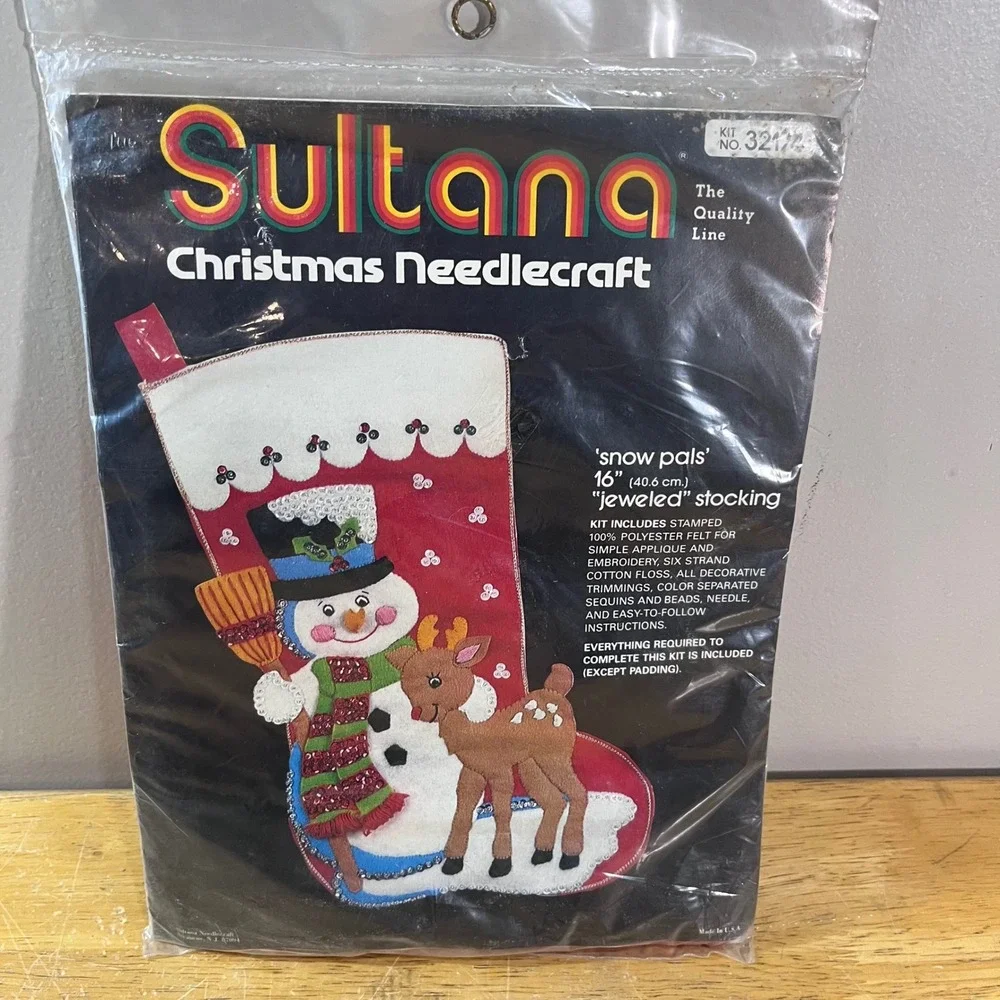 Vtg Sultana Snow Pals Christmas Needlecraft Jeweled Stocking Kit 32174 16